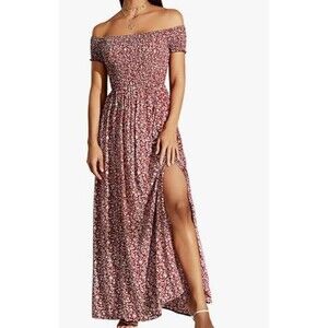 Cottage Core Burgundyt Floral Short Sleeve Smocked Maxi Dress Size XL